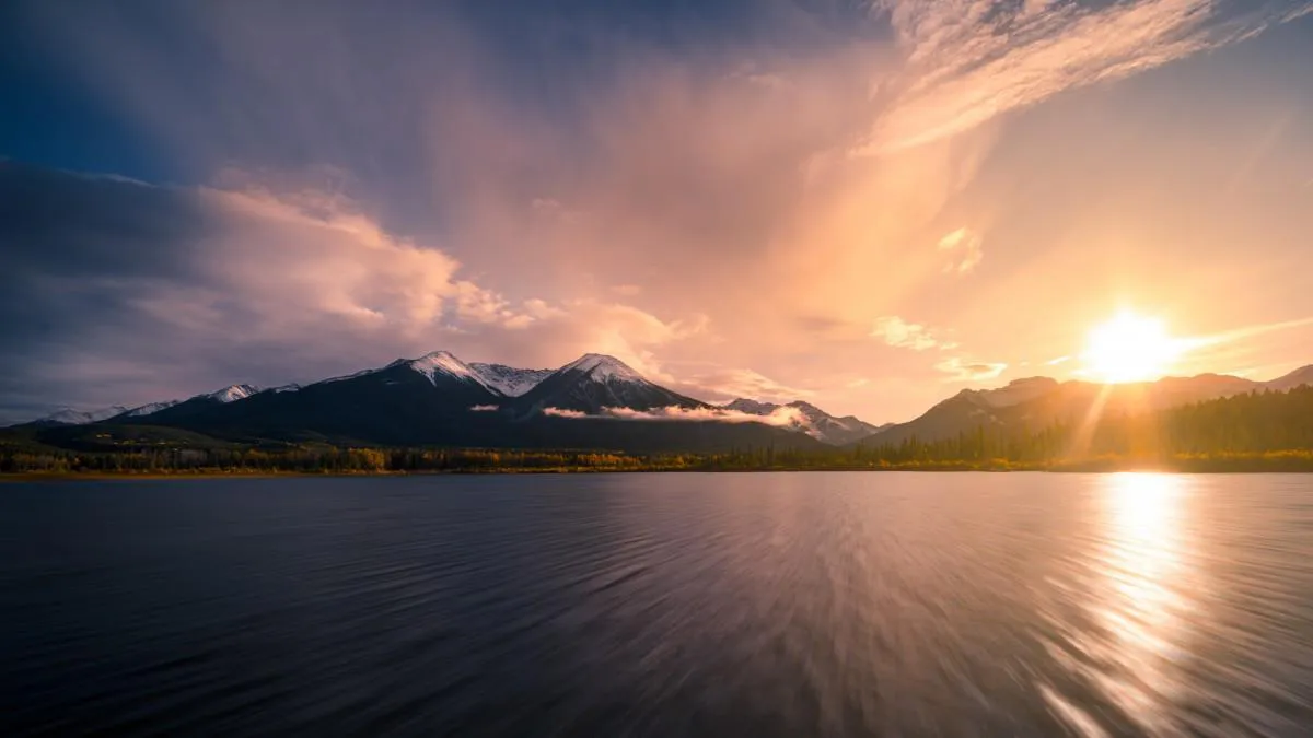 Distant mountains at sunset viewed from the horizon