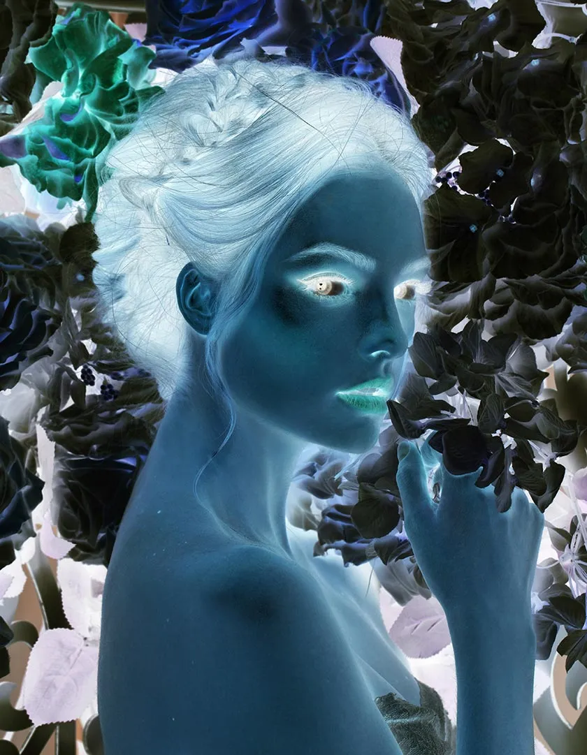 A woman lying in a blooming flower field, with colors inverted