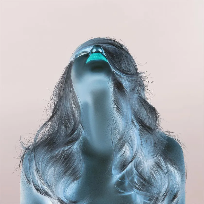 A blonde woman looking upward, color-inverted version with reversed tones